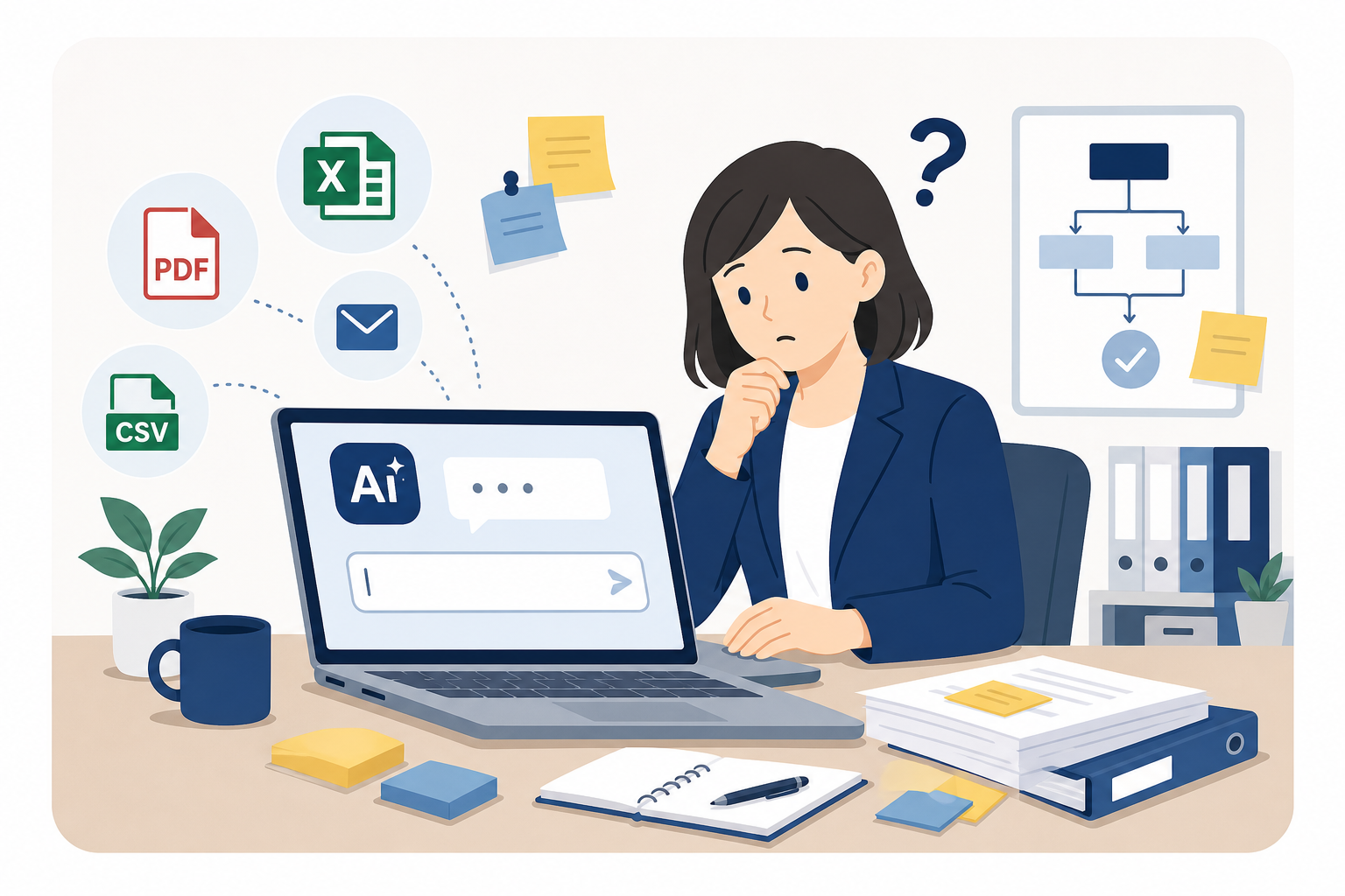AIチャット画面を前に何から始めればよいか迷っている担当者のイメージ